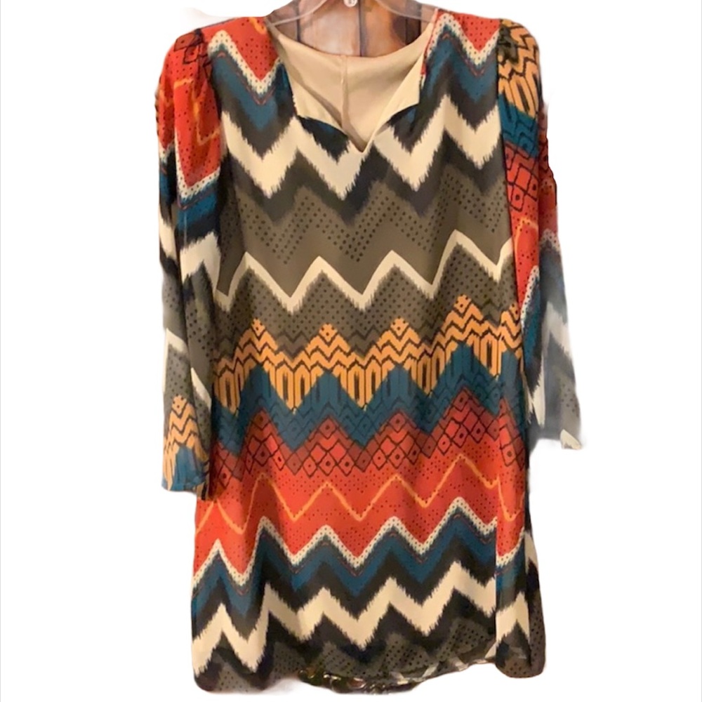 Orange green brown chevron dress medium